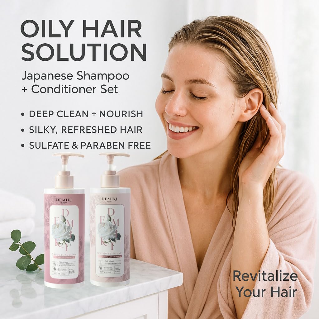 DEMIKI conditioner bottle with rose scent provides smoothing moisture for color treated hair.