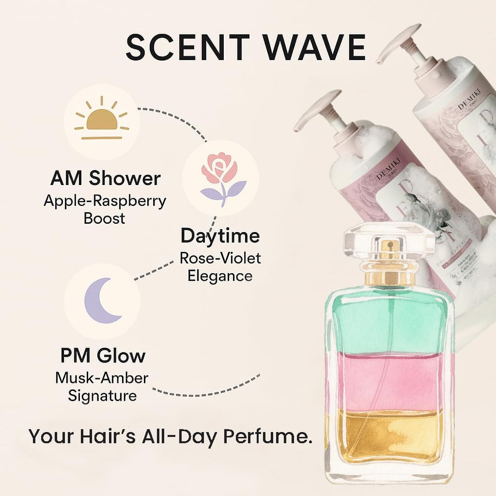 Demiki japanese-hair-care-hero-shot-32oz presents complete set for home routine.