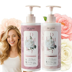 DEMIKI Japanese shampoo bottle with rose scent delivering a refreshing cleanse.