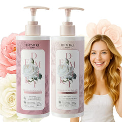 Demiki Japanese shampoo-set packaging highlights the sulfate-free formula for oily hair.