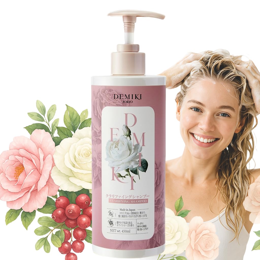 DEMIKI shampoo bottle rose-scent closeup highlights a premium fragrance for daily ritual.