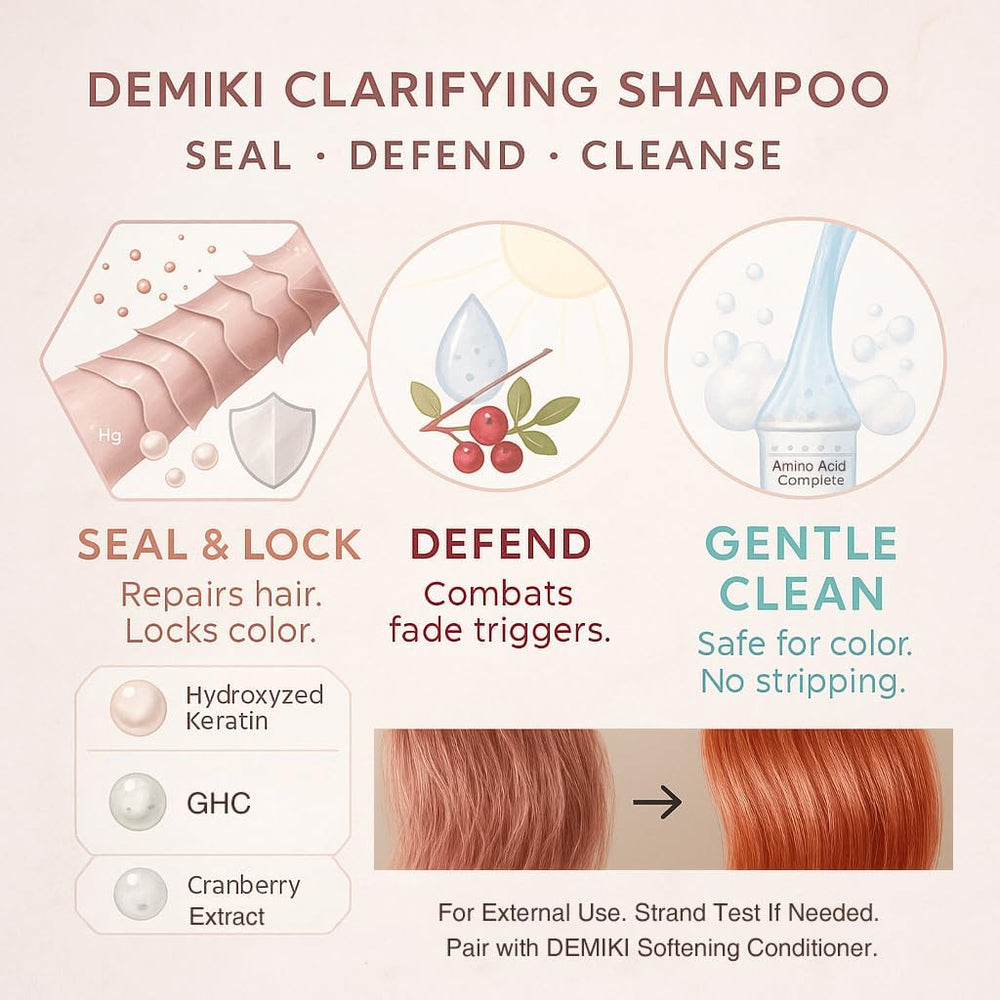 DEMIKI cranberry-residue image highlights cleansing residue removal for fresh, clean scalp.