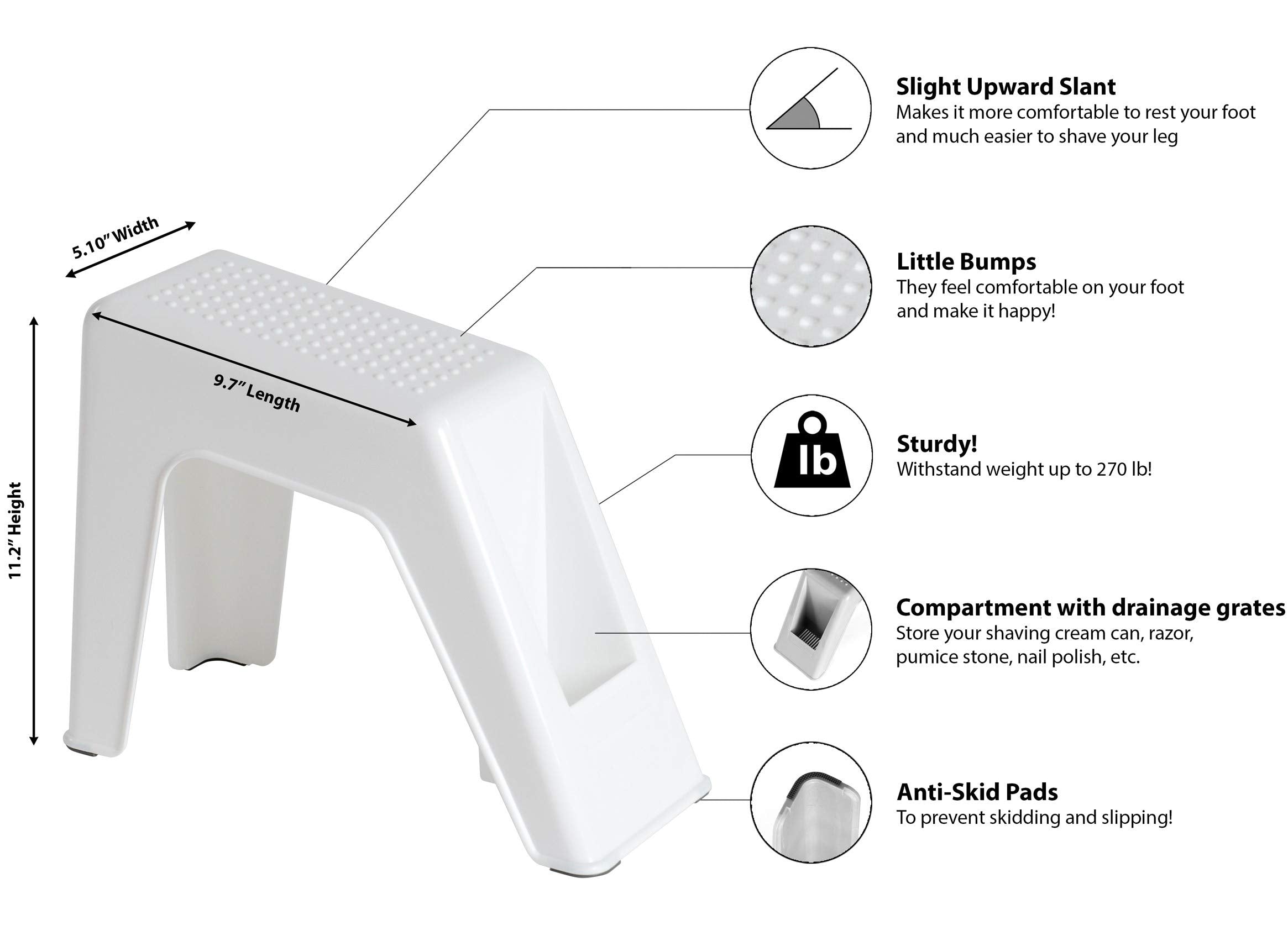 Demi's Home shower foot rest gray front-compartment view highlights storage for shaving foam and razors