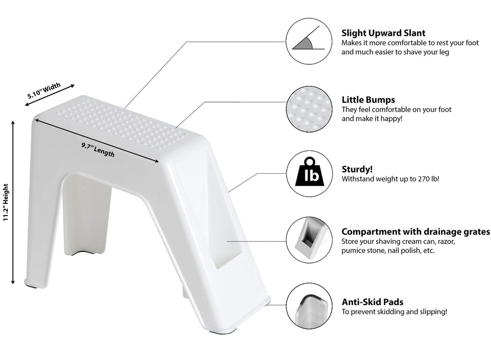 Demi's Home shower foot rest gray front-compartment view highlights storage for shaving foam and razors