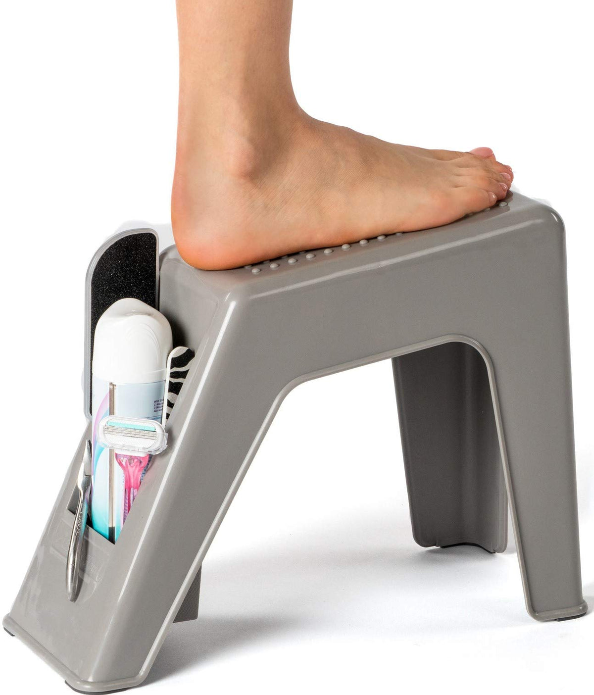 Demi's Home shower foot rest gray side view shows compact footprint for small showers