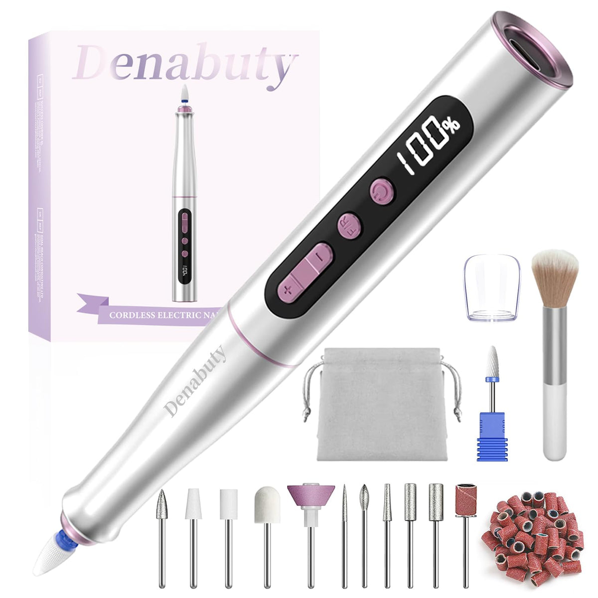 Denabuty cordless nail drill with LCD display enables precise speed control.