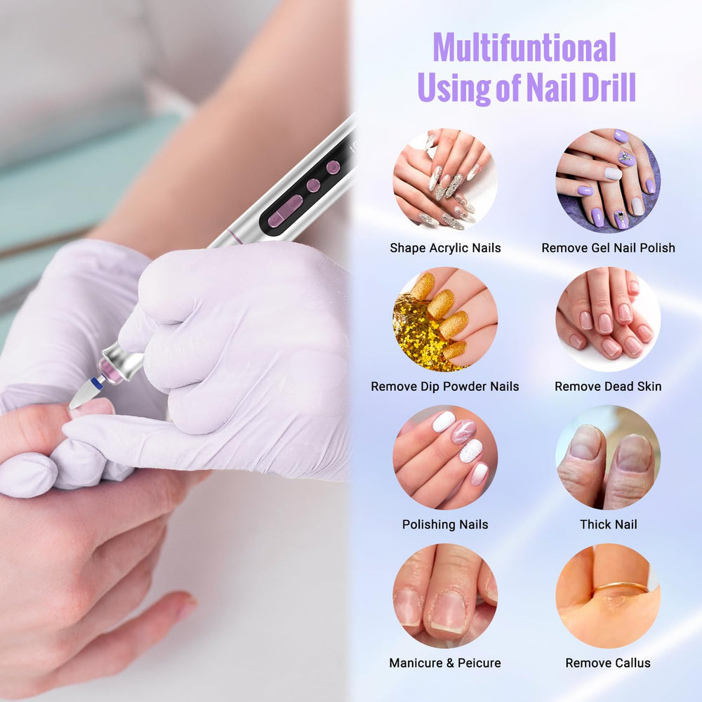 Denabuty nail drill in home salon setup for professional results.
