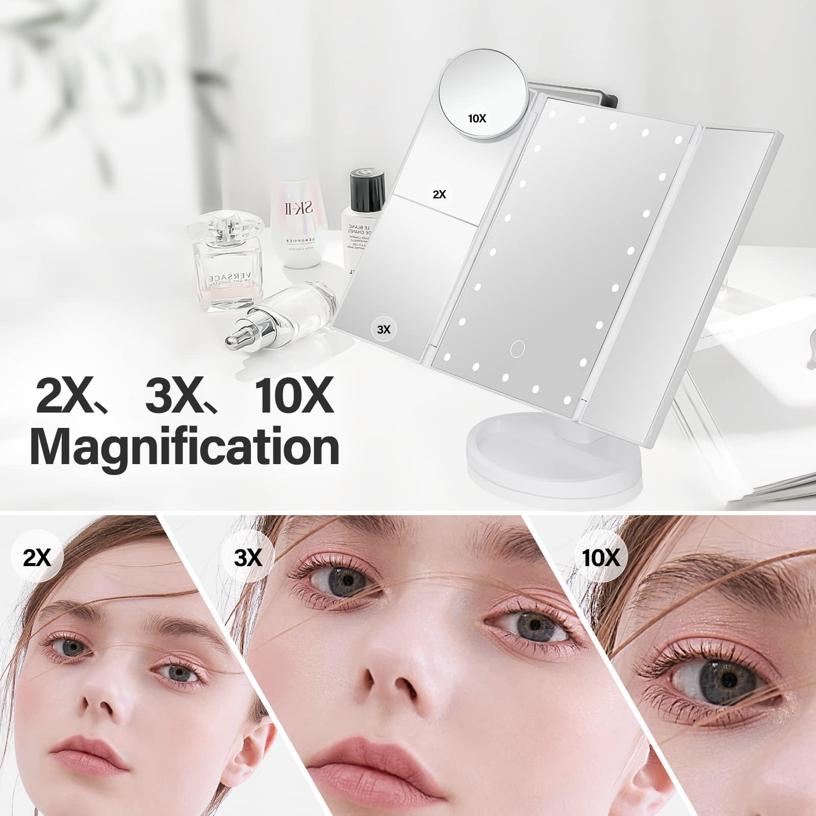 DenCert makeup mirror with lights three-panel open wide-angle view for brows and eyeliner