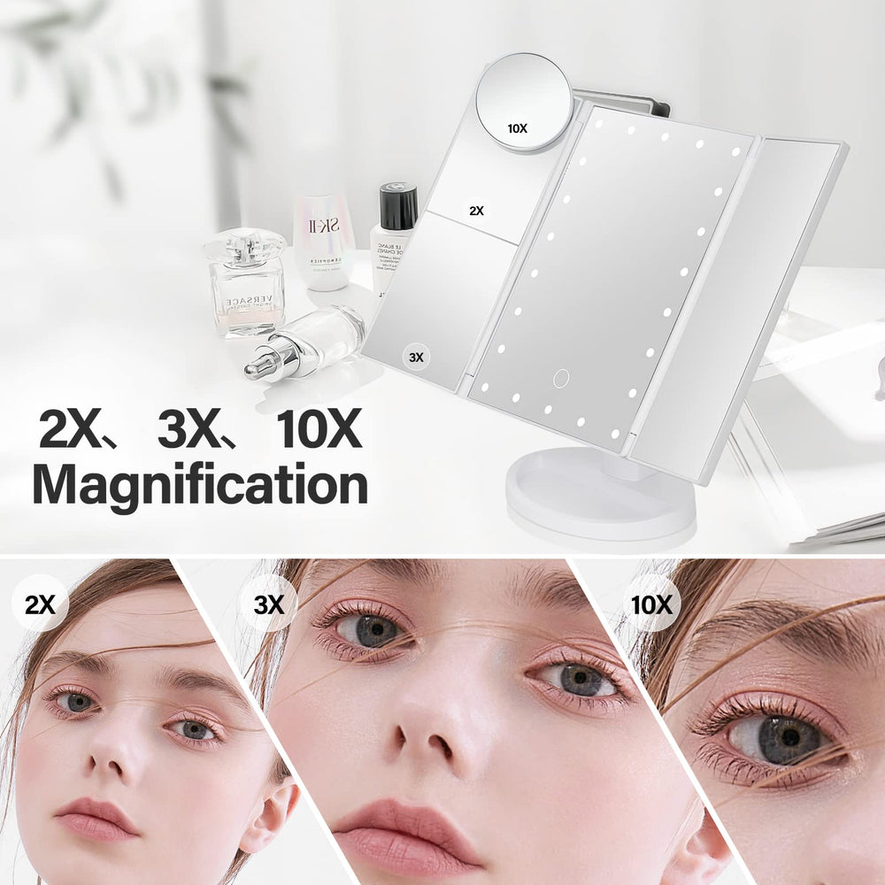 DenCert makeup mirror with lights three-panel open wide-angle view for brows and eyeliner