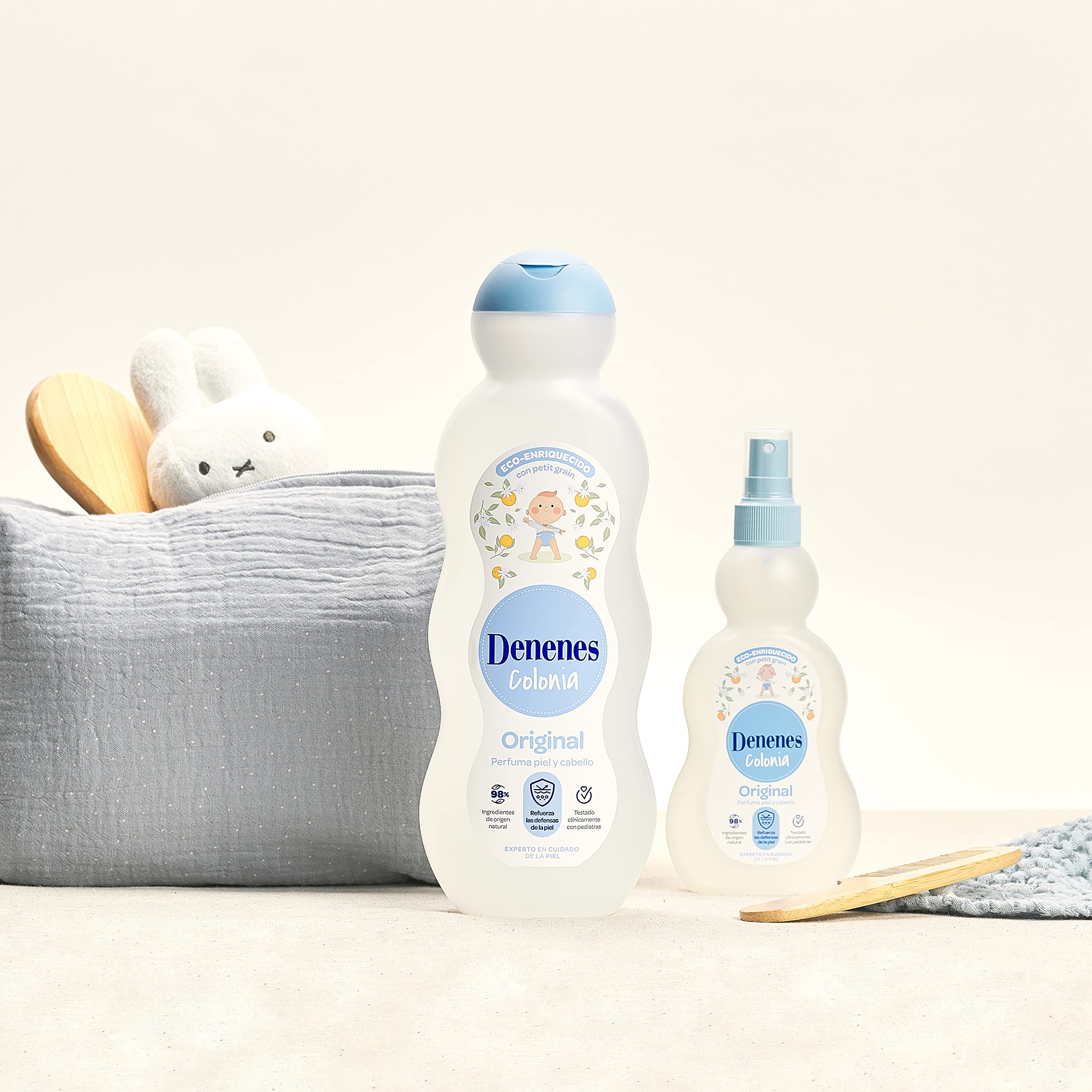 Denenes Baby Cologne label-front emphasizes citrus and floral notes.