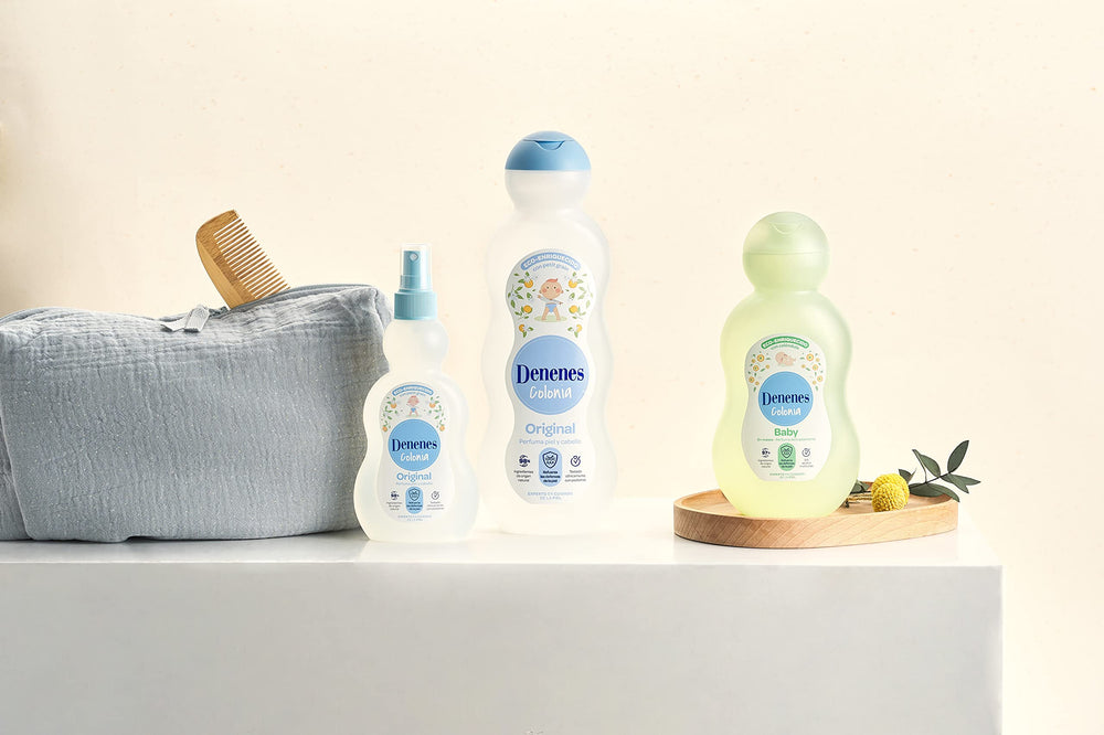 Denenes Baby Cologne packaging box displays 20 oz size and gentle use.