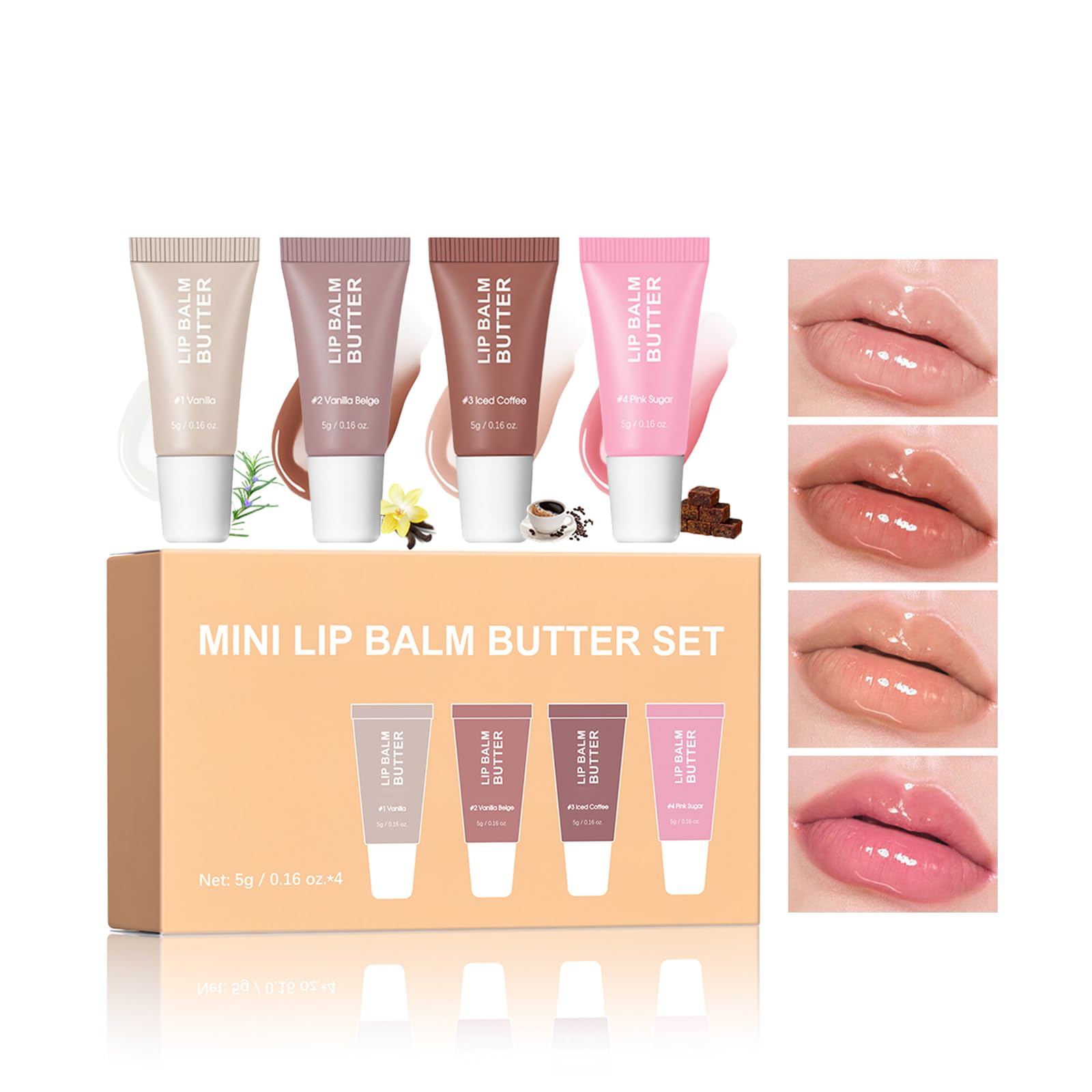 DENESTUP 4Pcs lip gloss set vanilla tube for daily hydration and shine.