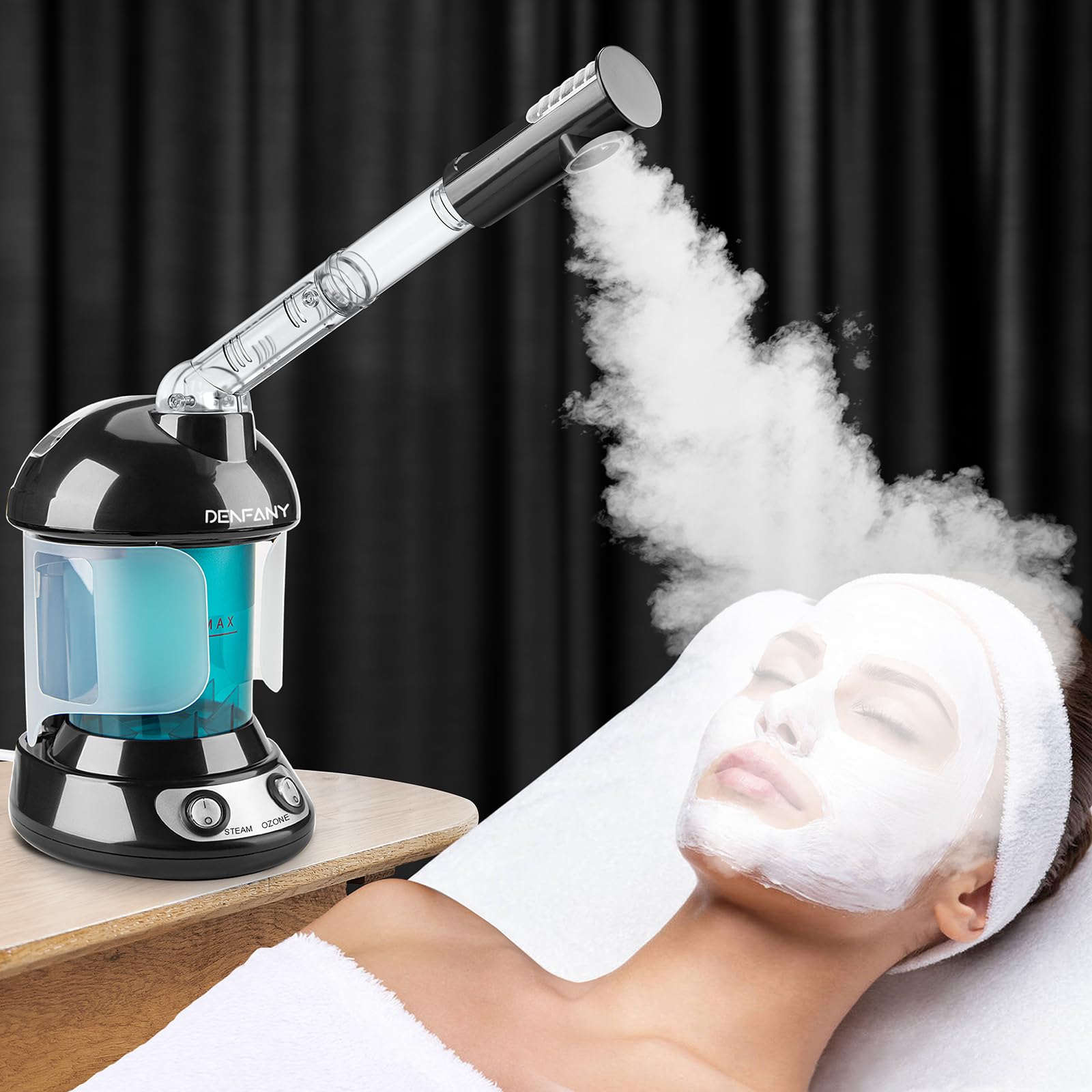Denfany facial steamer black model close-up highlights sleek aesthetics
