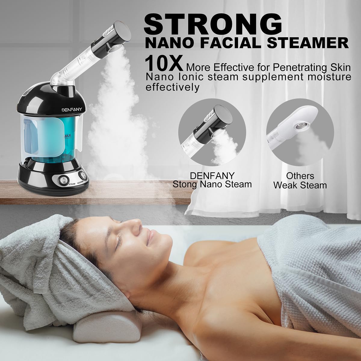 Denfany facial steamer pore deep-cleanse close-up showing steam penetrating pores