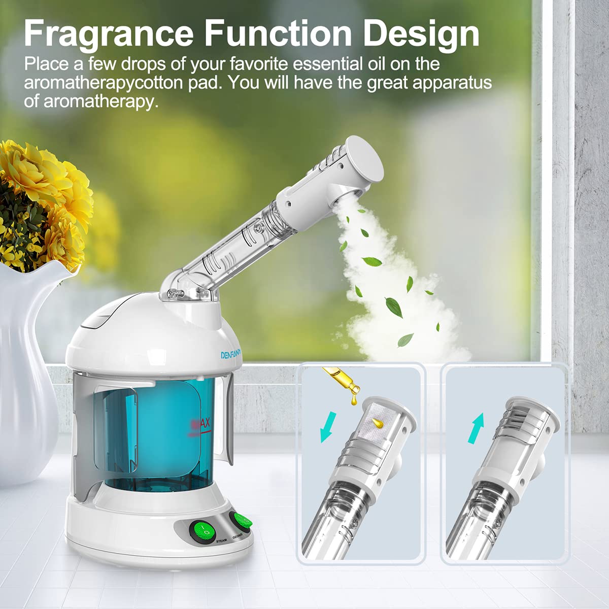 Denfany nano ionic steam close up showing ultra fine mist for hydration