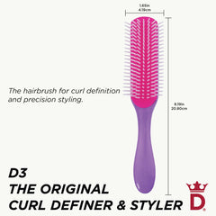 Denman D3 African Violet detangling close-up on curls showing even product distribution