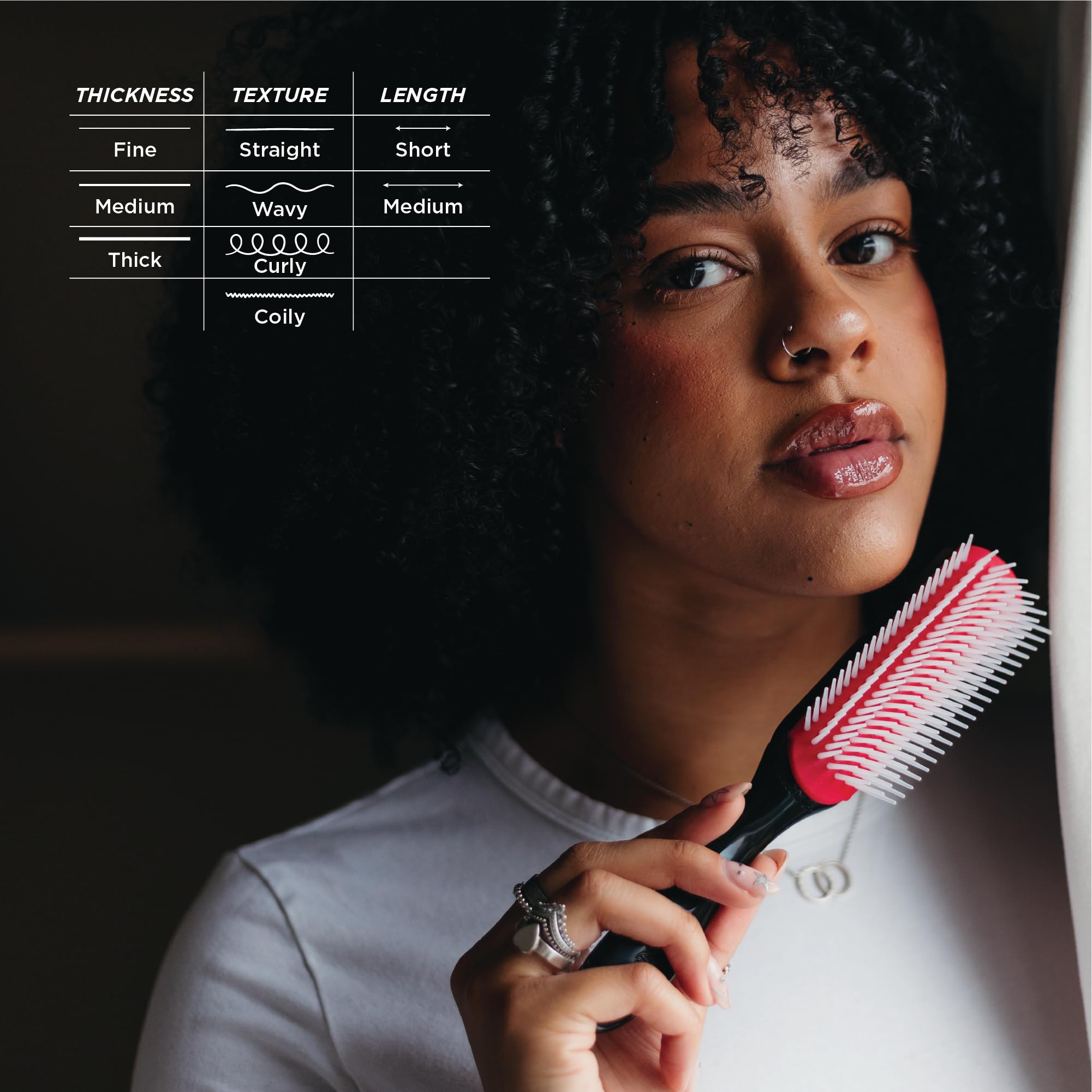 Denman D3 demonstrated defining curls into ribbon-like shapes.
