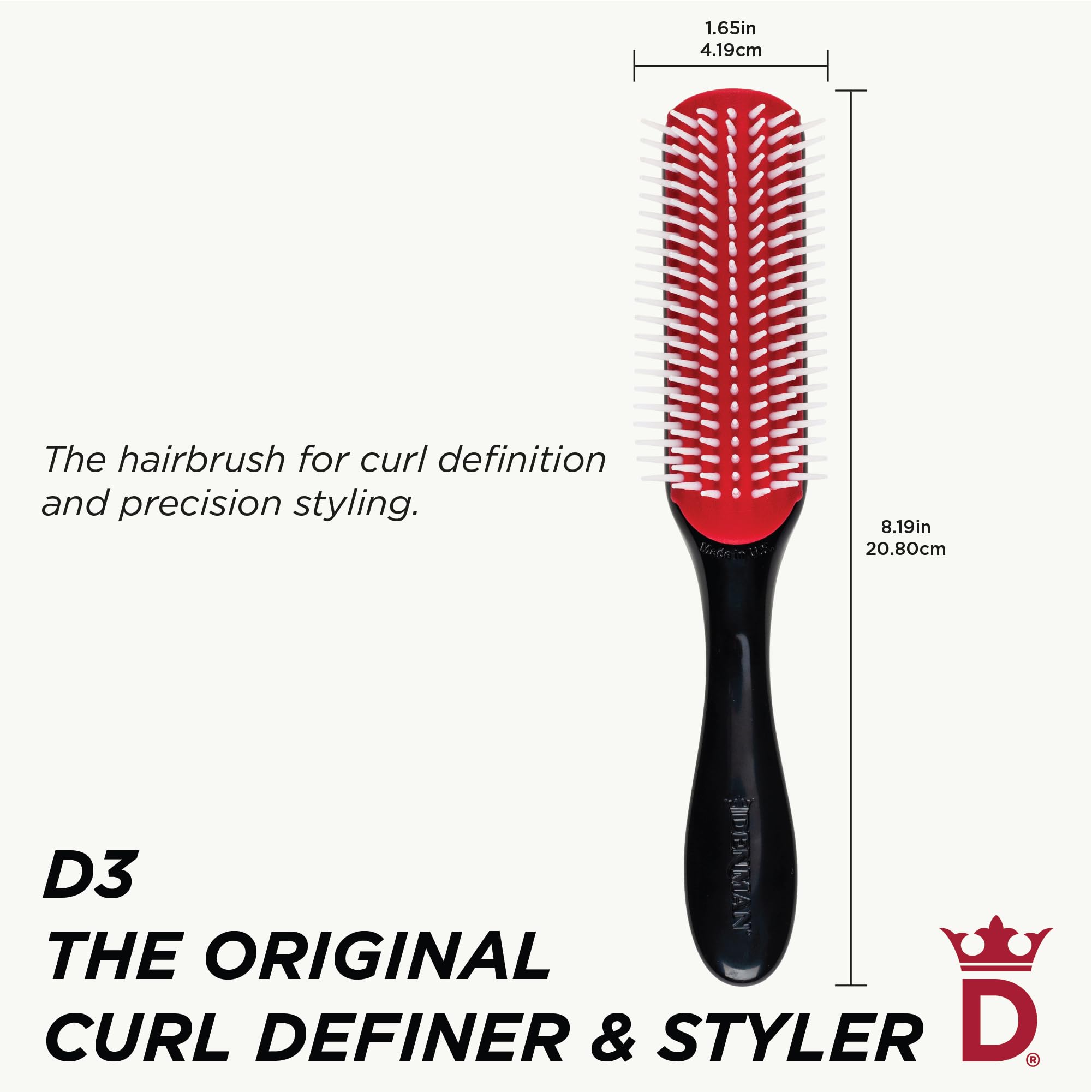 Denman D3 seven-row pins close-up showing soft, round-ended nylon tips for gentle detangling.