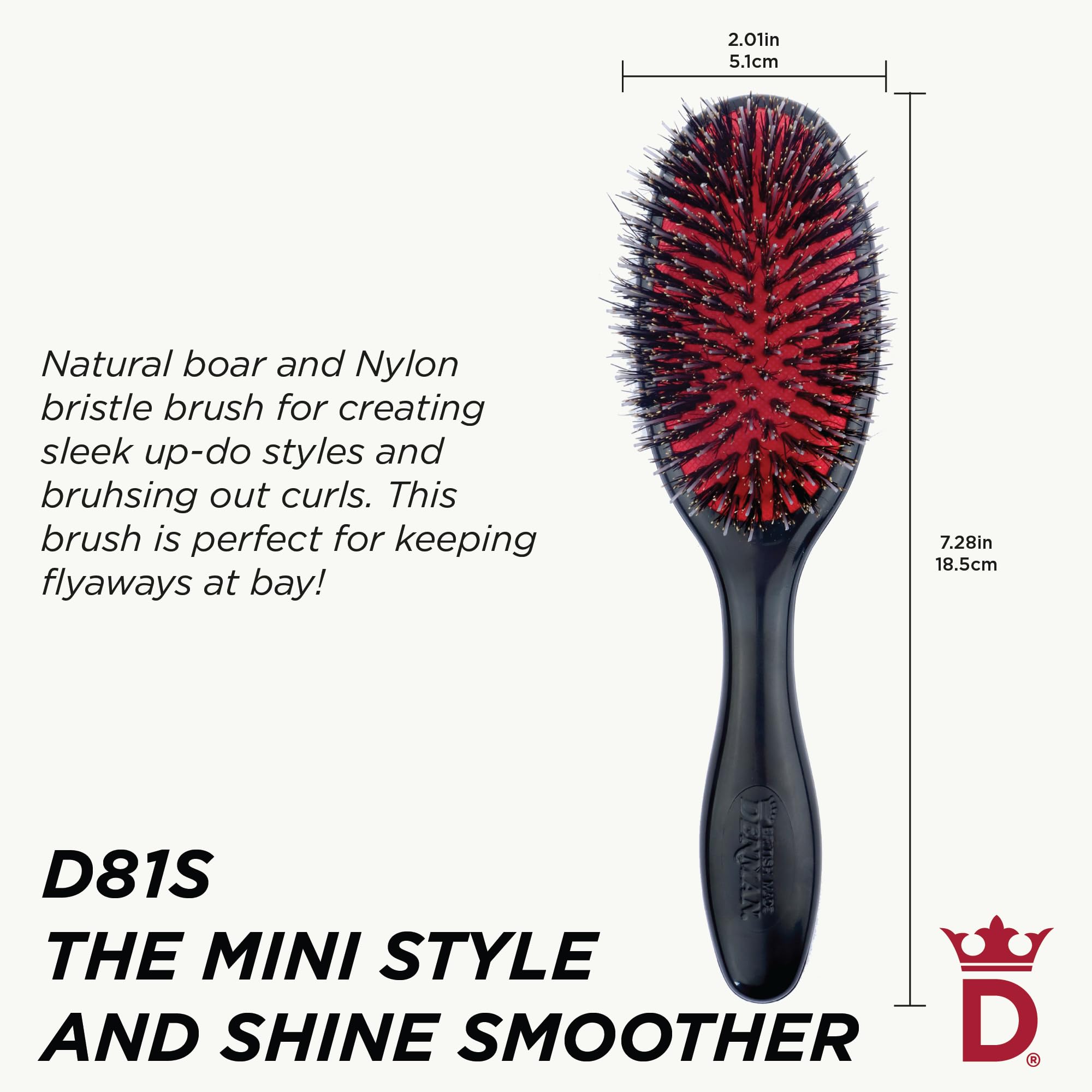 Denman cushion brush small black nylon quill bristles show gentle detangling and conditioning.