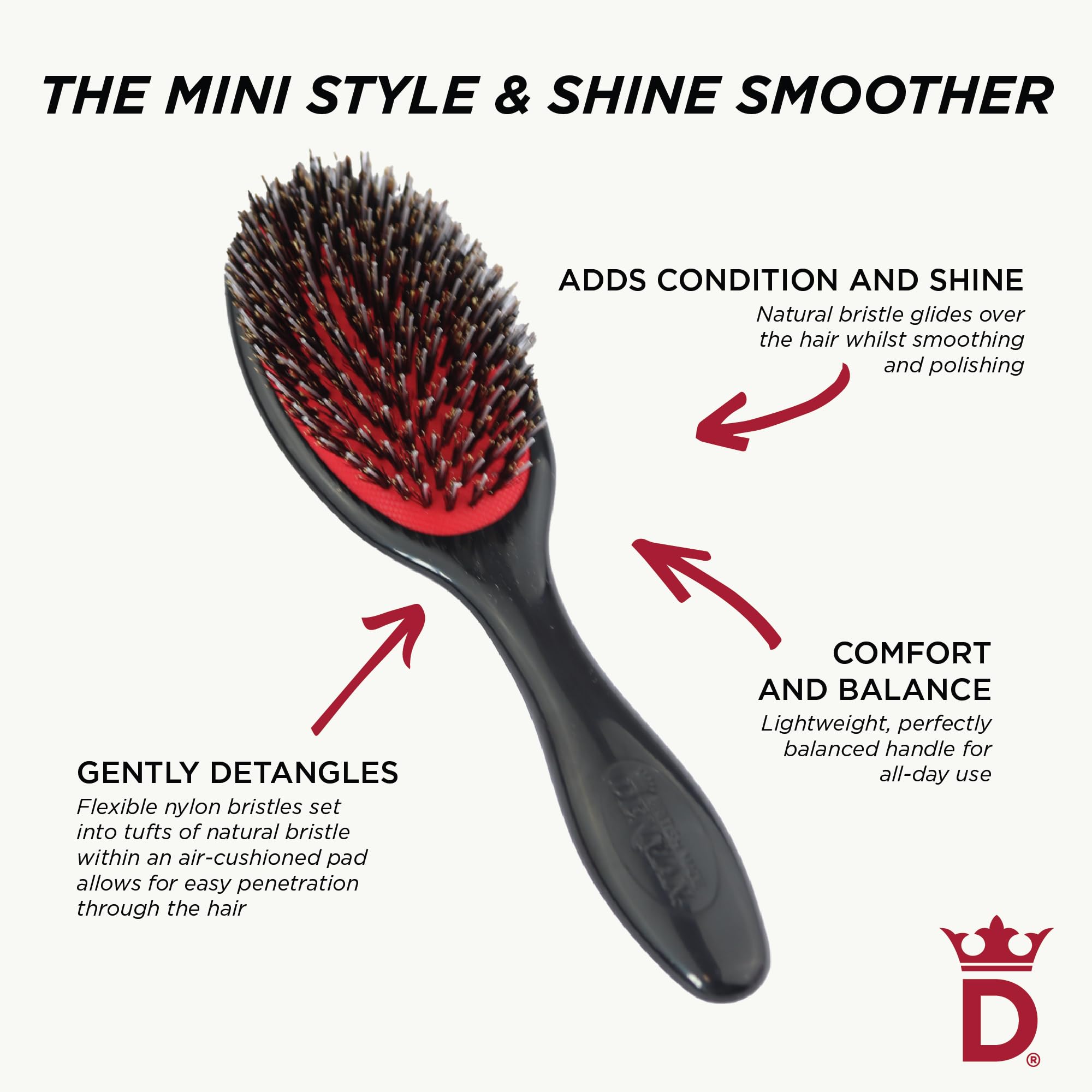 Denman cushion brush small black up-do styling close-up for sleek smoothing results.