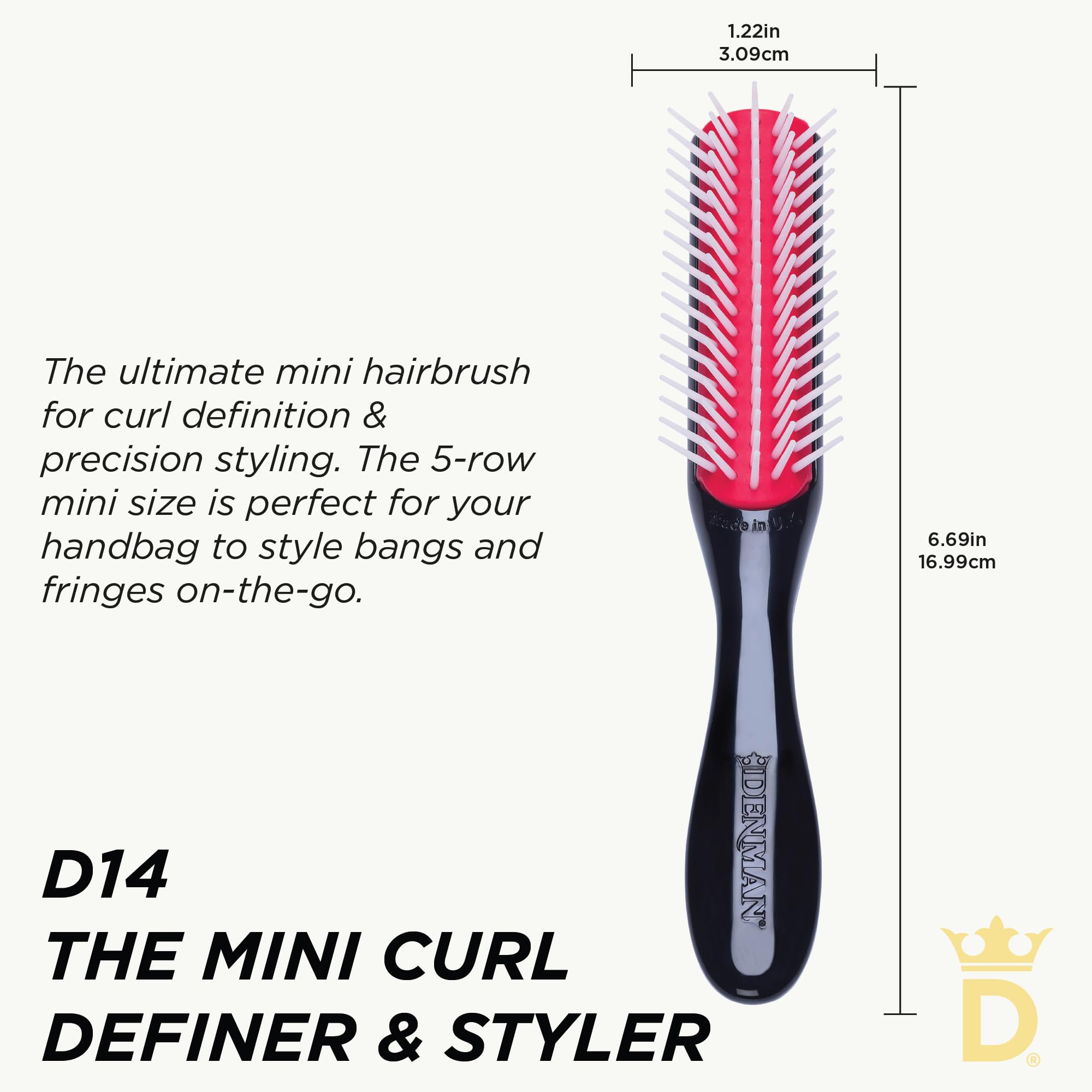 Denman D14 curly brush close-up of sculpted pins for detangling.