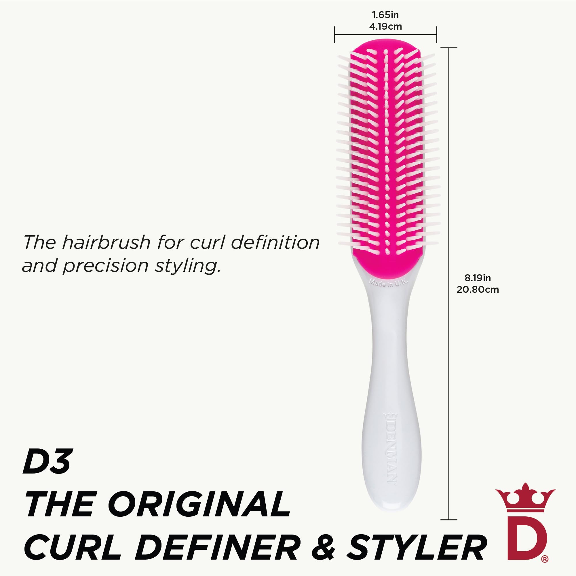 Denman D3 7-row close-up reveals staggered pins for defined, bouncy curls