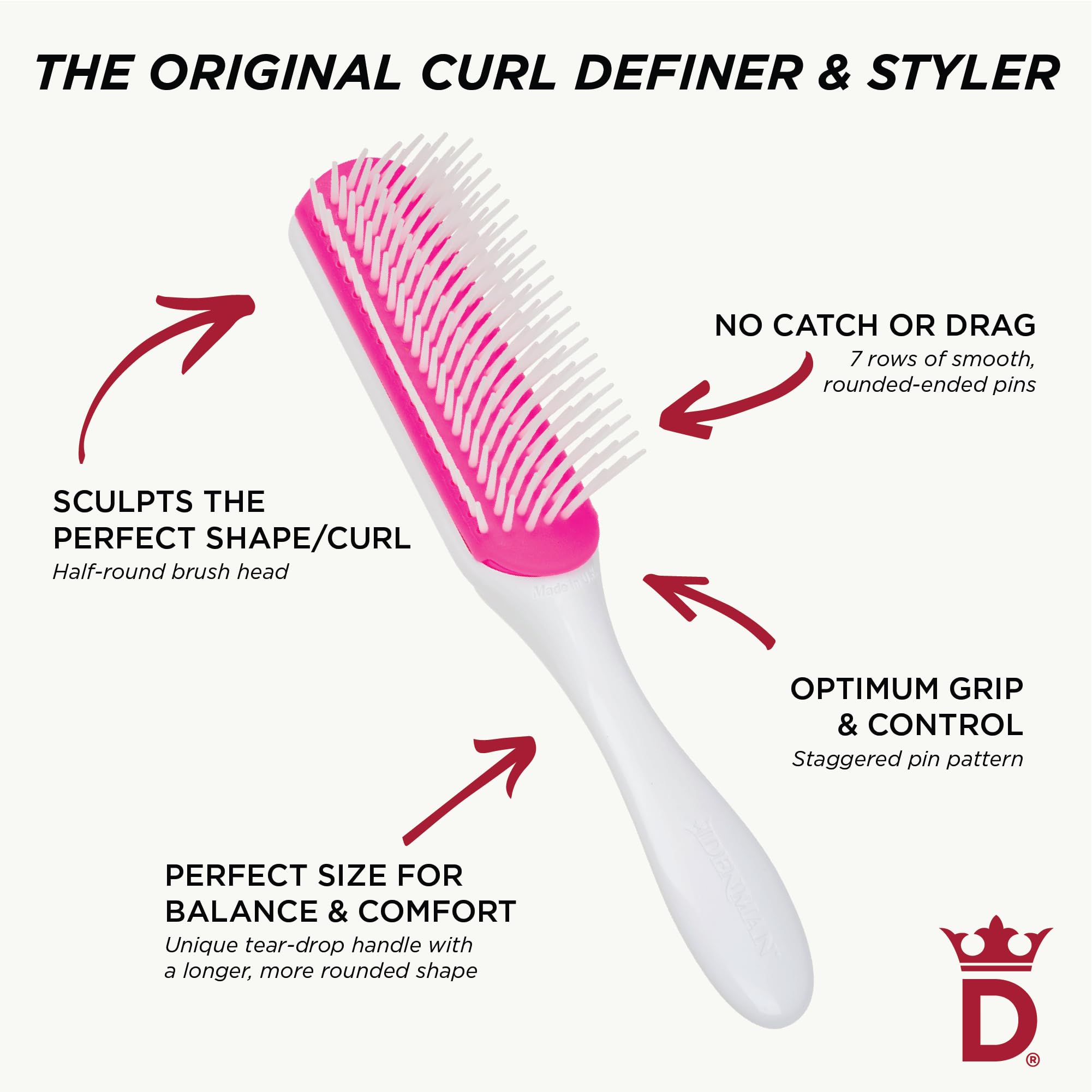 Denman D3 round-ended pins highlight comfortable contact for smooth glide on all hair types