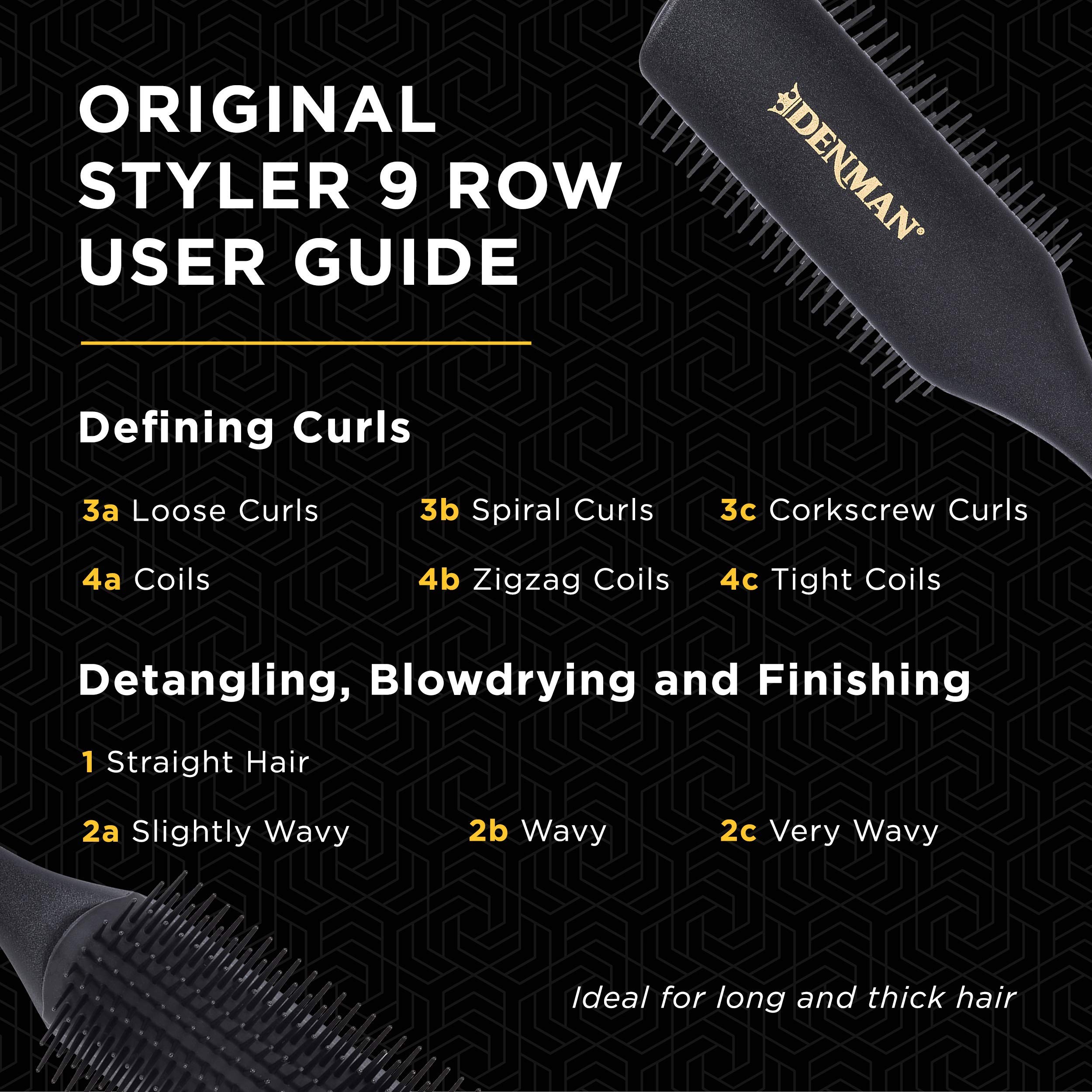 Denman D4 all-black air-cushioned pad supports gentle detangling.