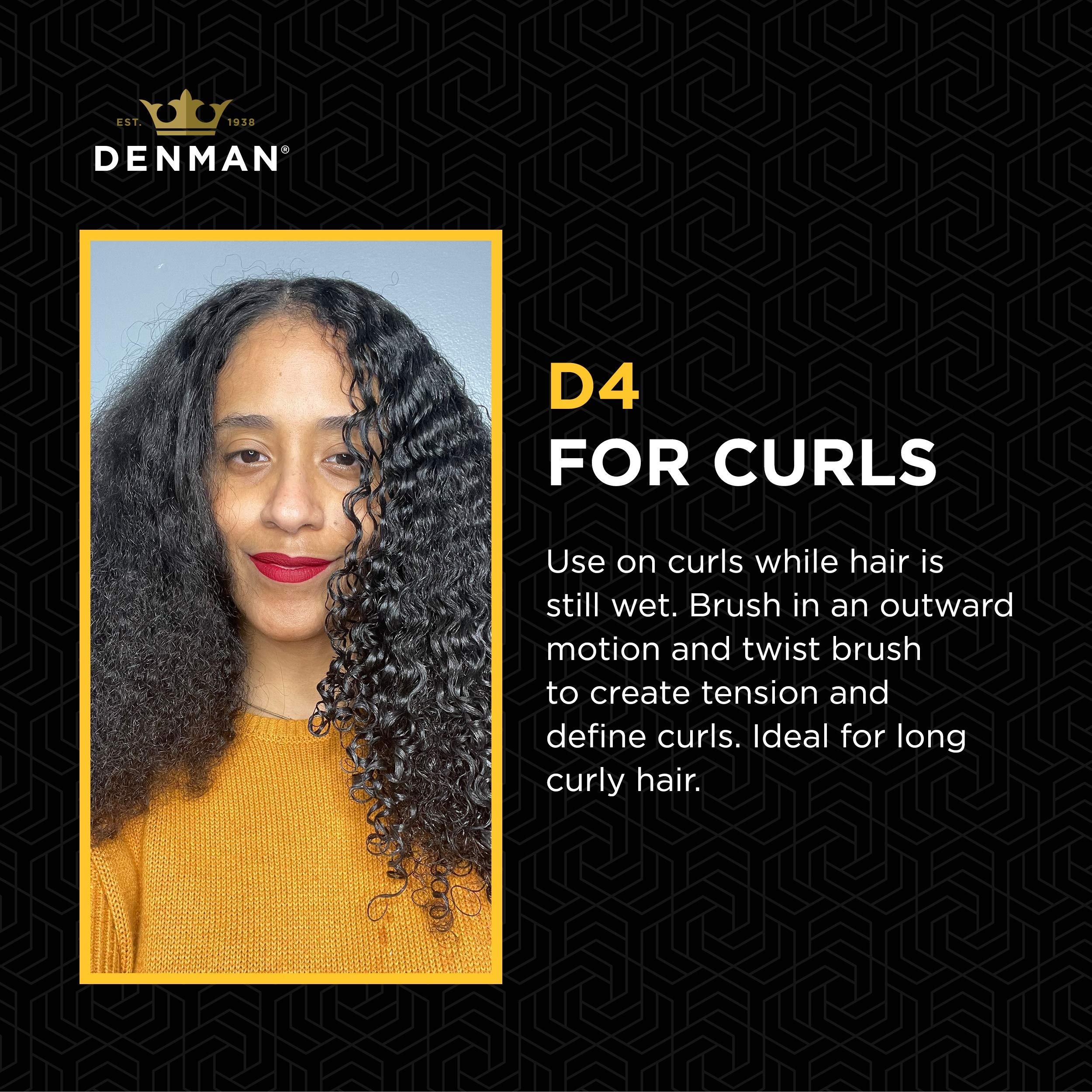Denman D4 all-black brush during blow-dry styling shows tension and curl definition.