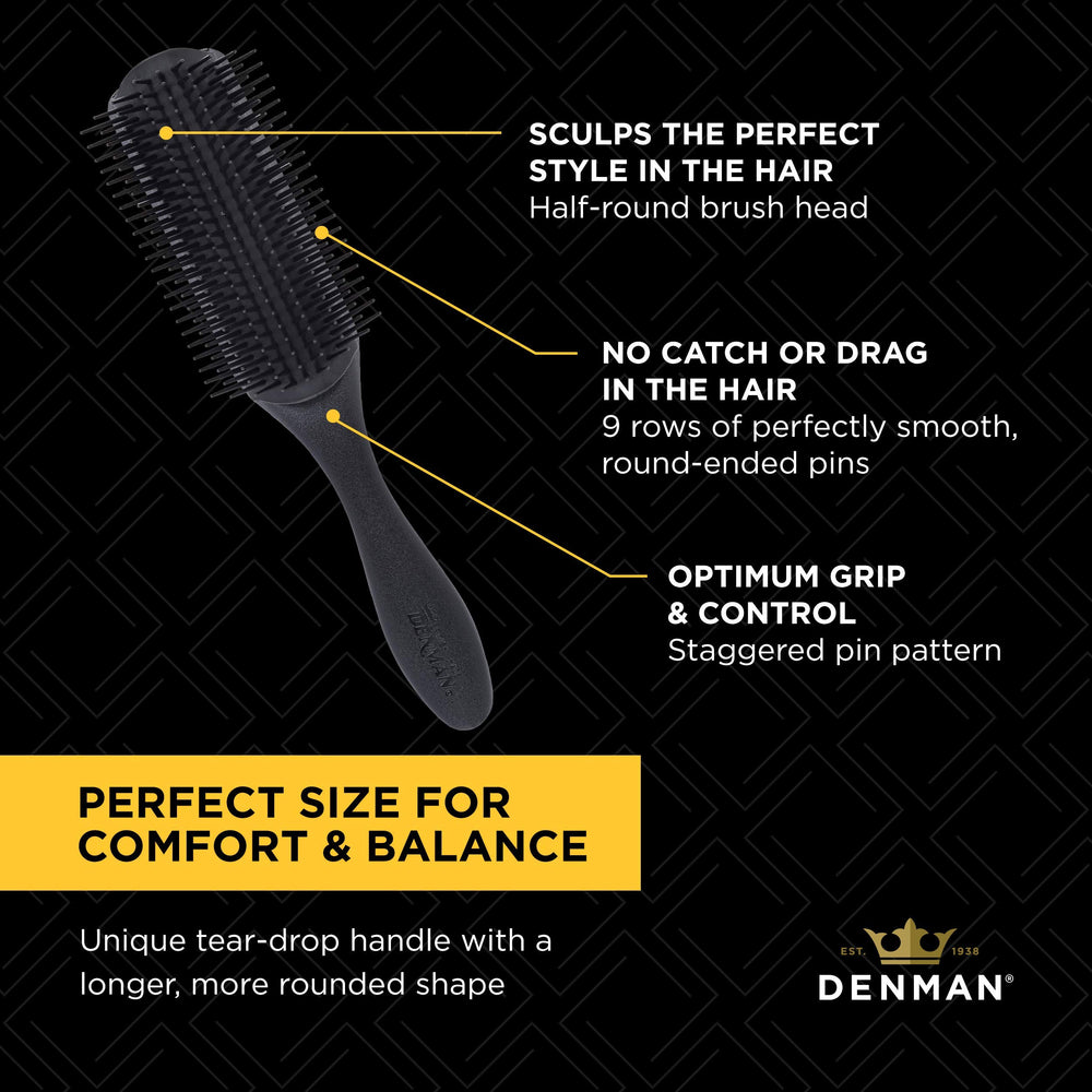 Denman D4 all-black curly hair brush aids ribbon-like curl formation.