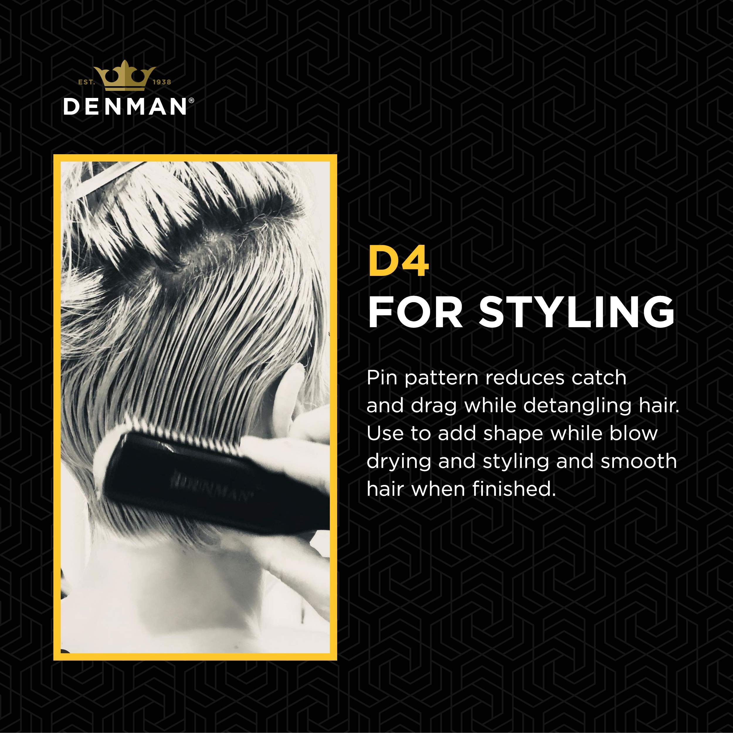 Denman D4 all-black ergonomic teardrop-handle provides comfortable grip.