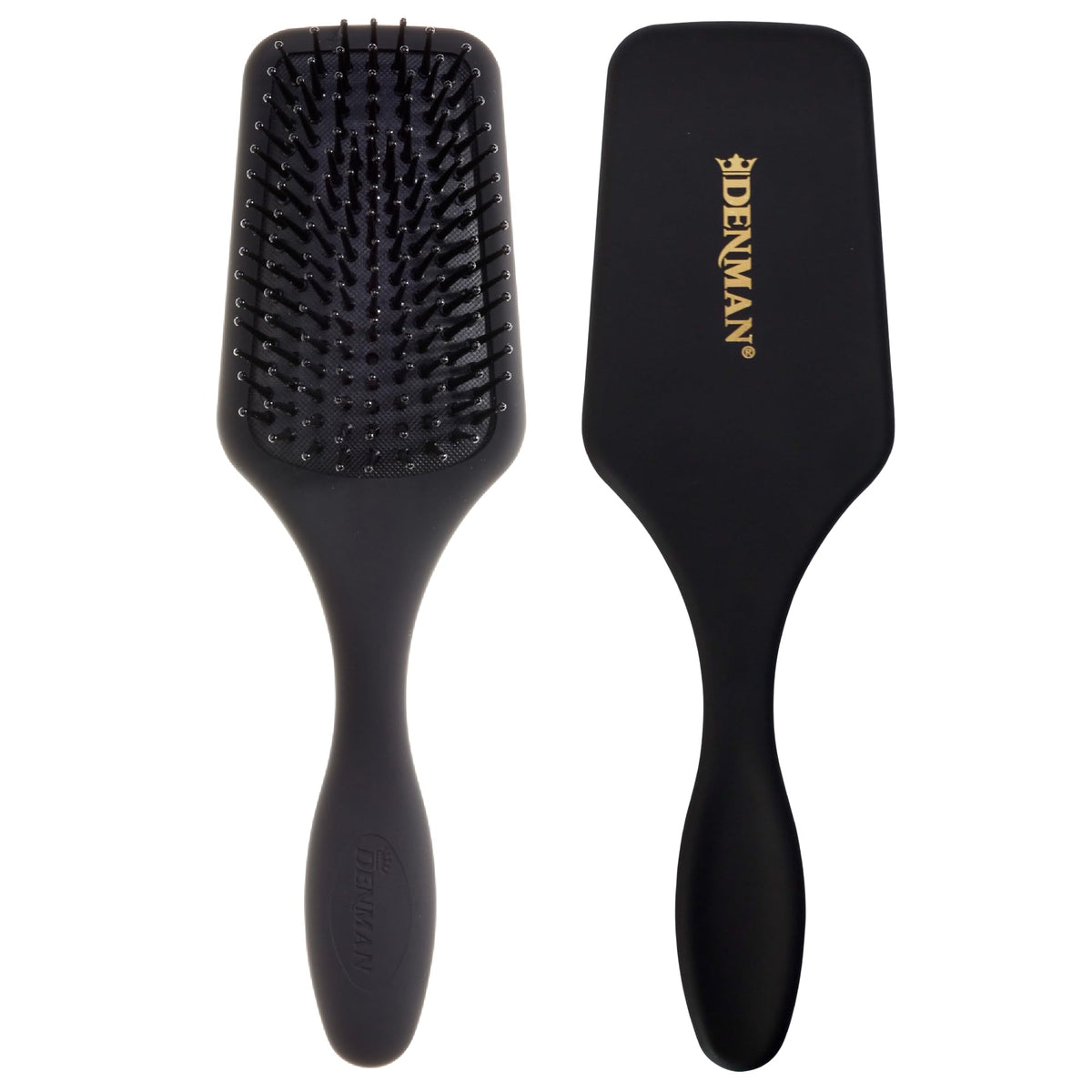 Denman D84 black mini paddle brush top view for portable detangling and styling.