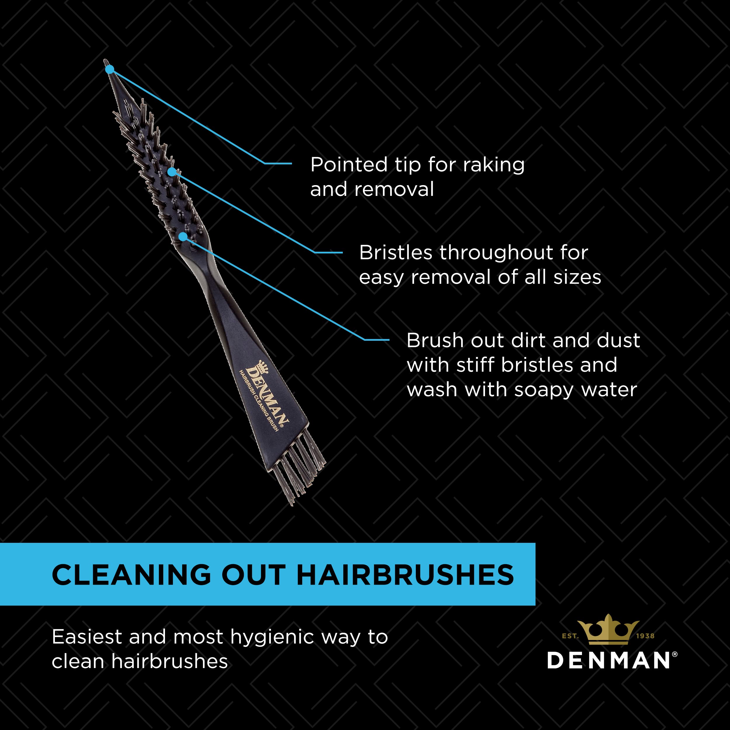 Denman DBC1 care instructions show washing with warm soapy water.
