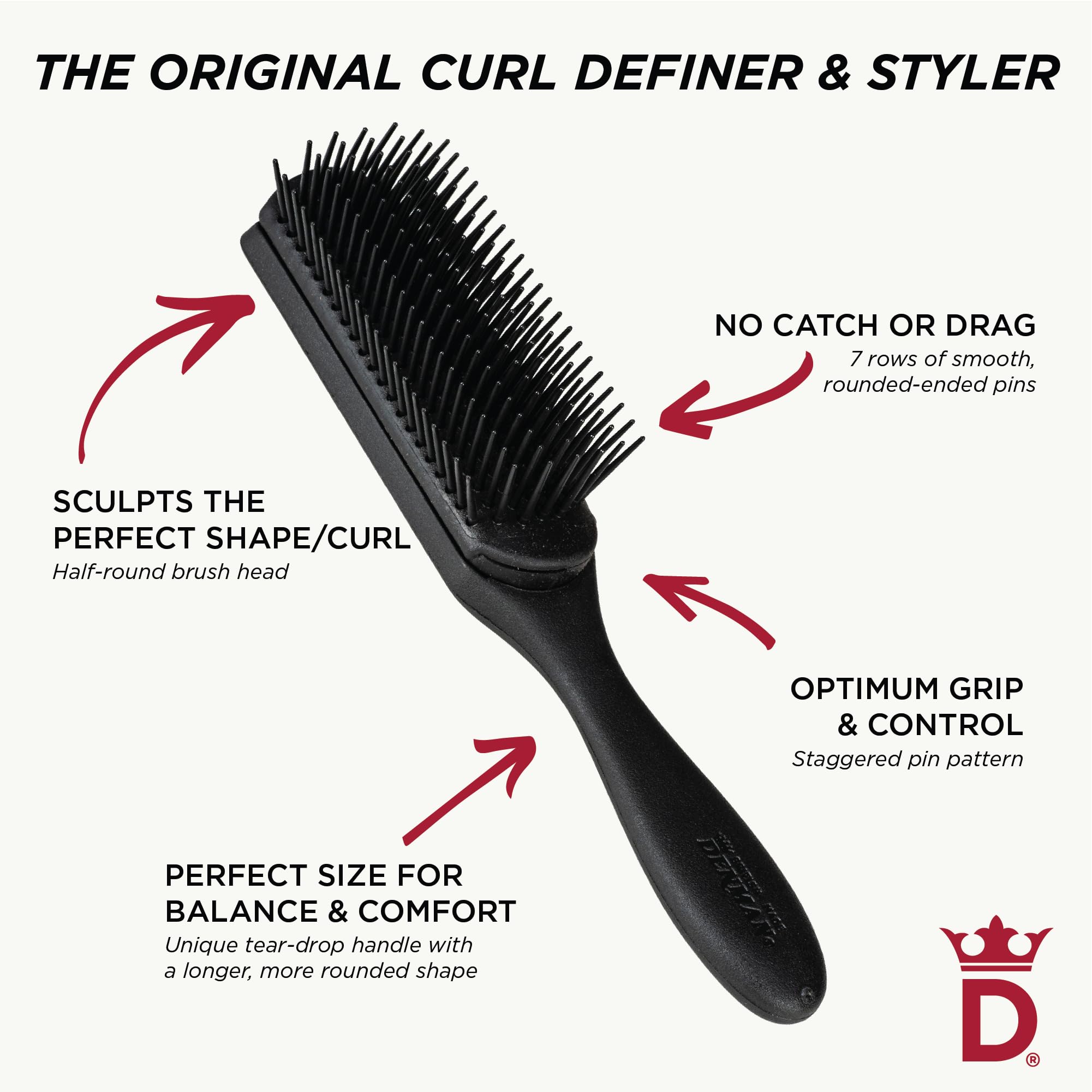 Denman Jack Dean D3 all-black round-ended pins reduce snag during smoothing