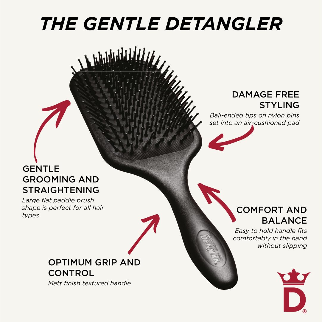 Denman brush shows rapid blow-drying action with large paddle surface for faster styling sessions.