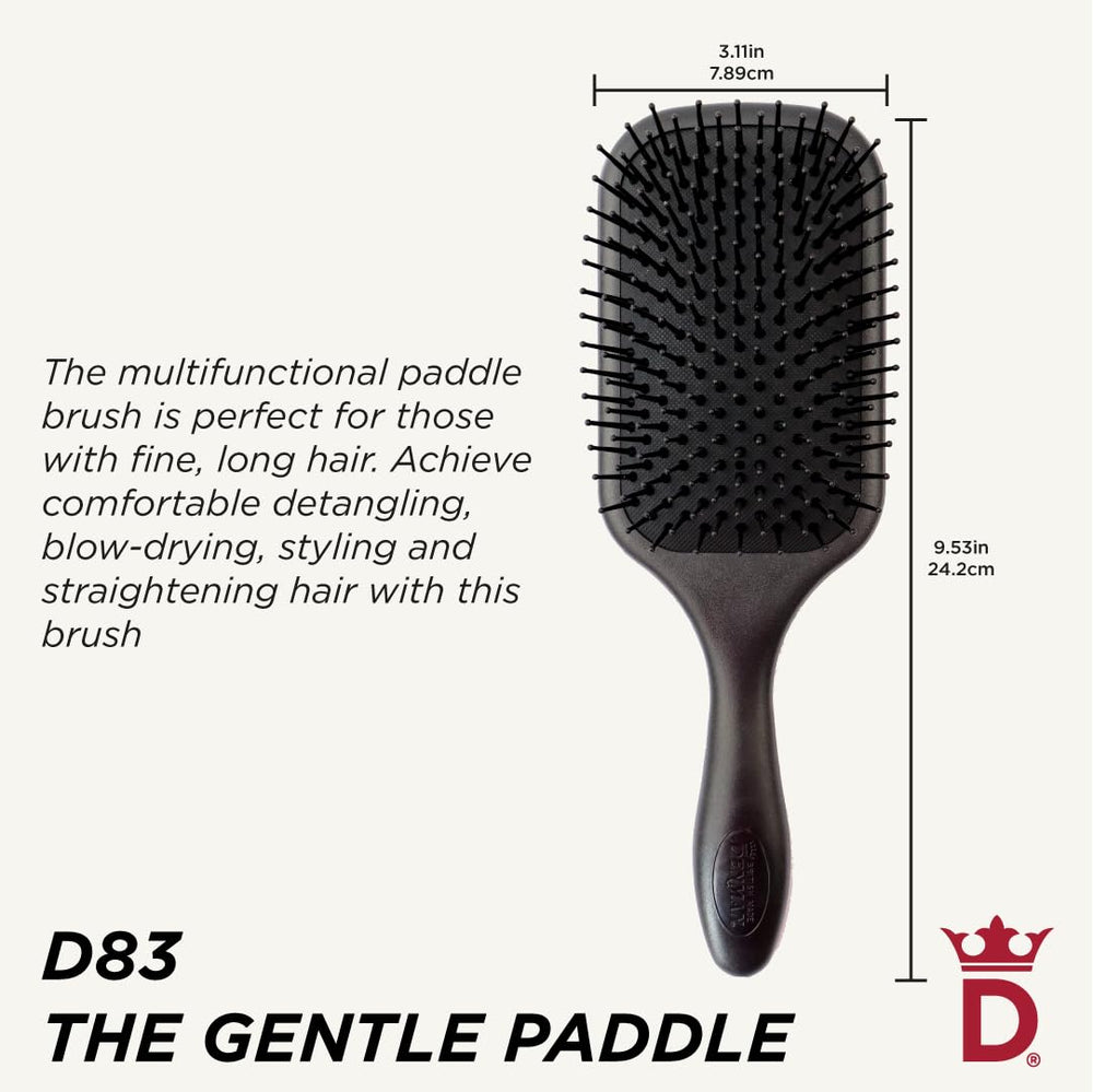 Denman paddle cushion hair brush with cushioned pad demonstrates comfortable brushing along the scalp.