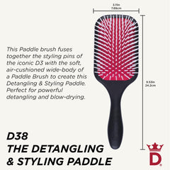 Denman paddle brush cushioned pin system provides comfortable grip during detangling.