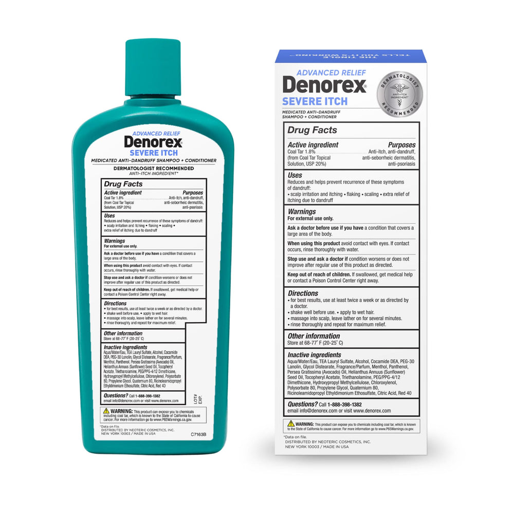 Denorex Advanced Relief product shot highlights color-friendly formulation