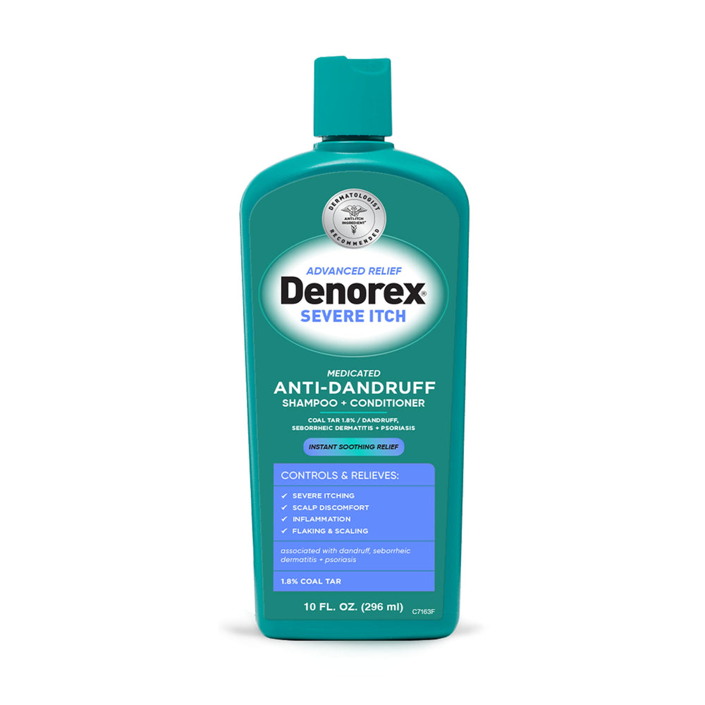 Denorex Advanced Relief shampoo bottle shows medicated formula for itch relief