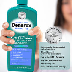 Denorex Advanced Relief shampoo label close-up shows 1.8 percent coal tar strength