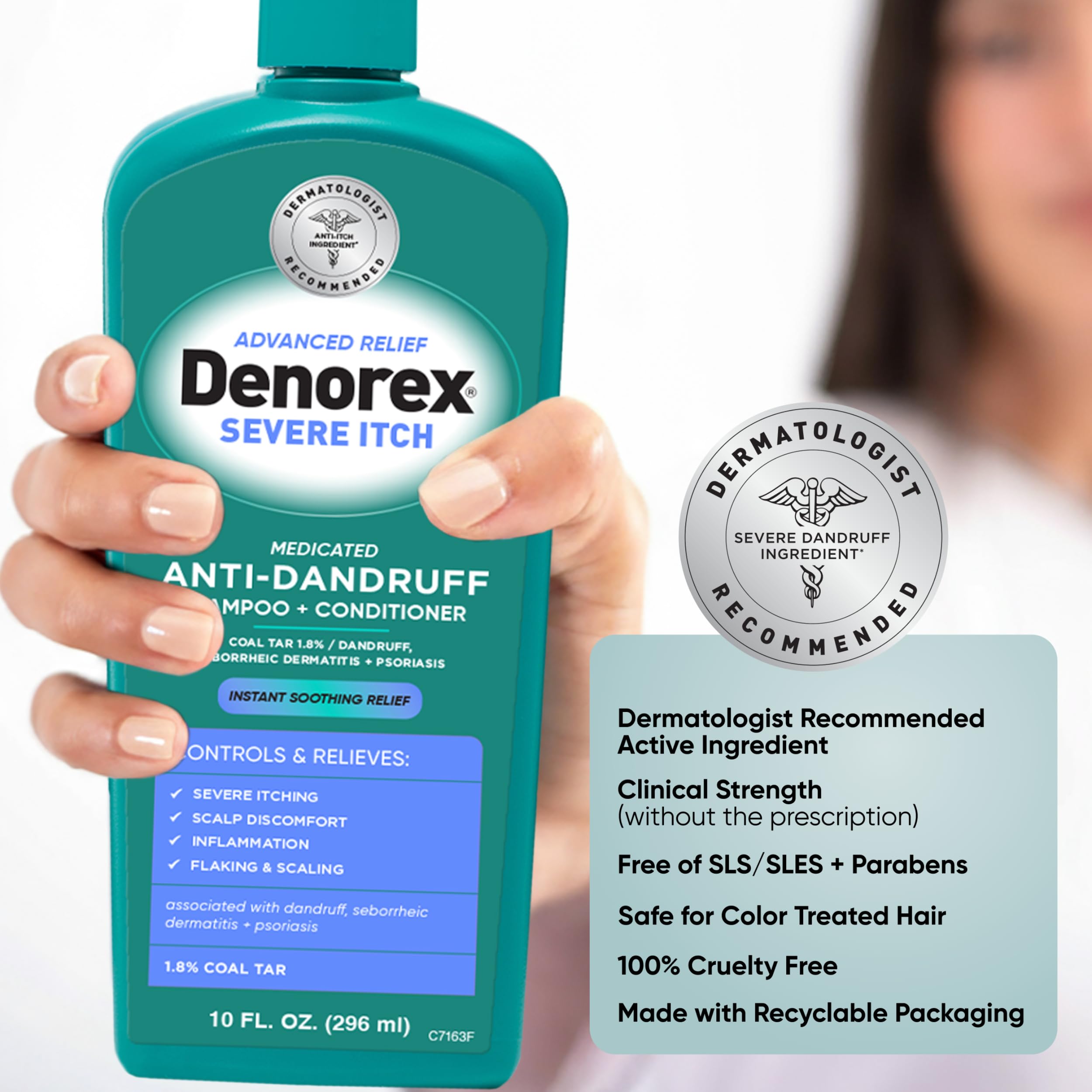 Denorex coal tar 1.8% label emphasizes medicated itch relief.