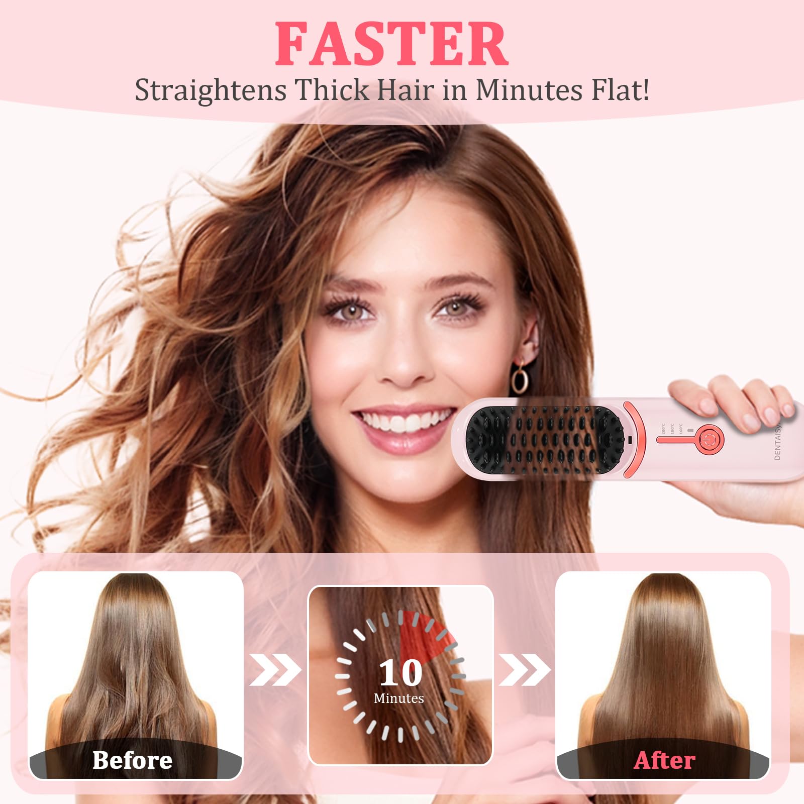 DENTAISyn portable straightening brush battery life lasts up to 45 minutes per charge.
