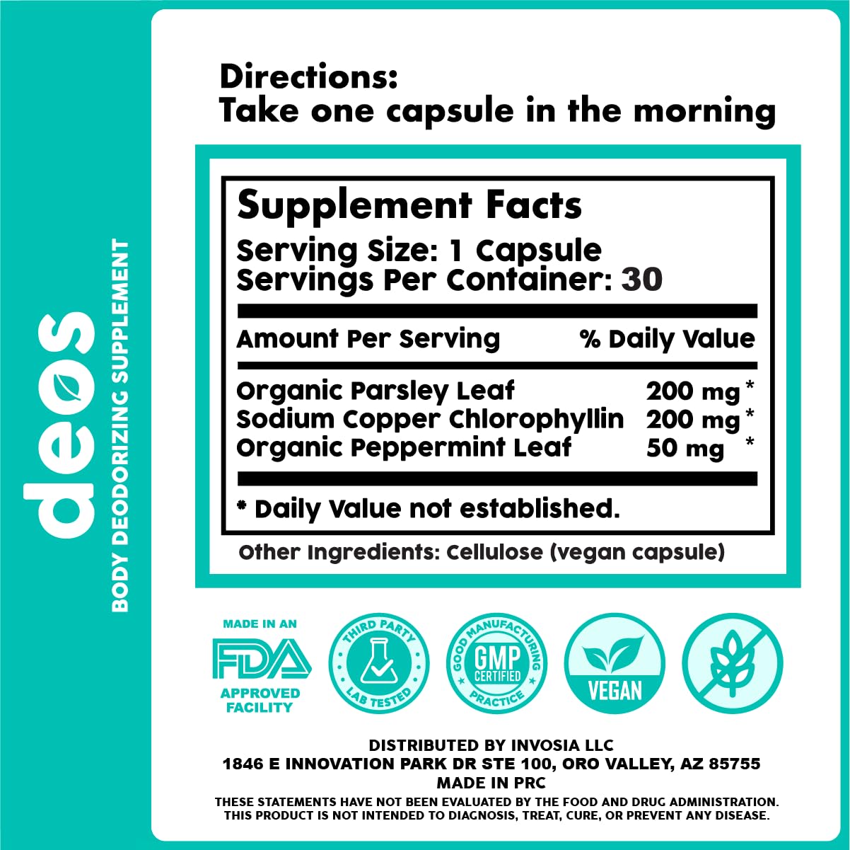 DEOS ingredients chlorophyllin parsley and mint highlight natural chemical-free odor management