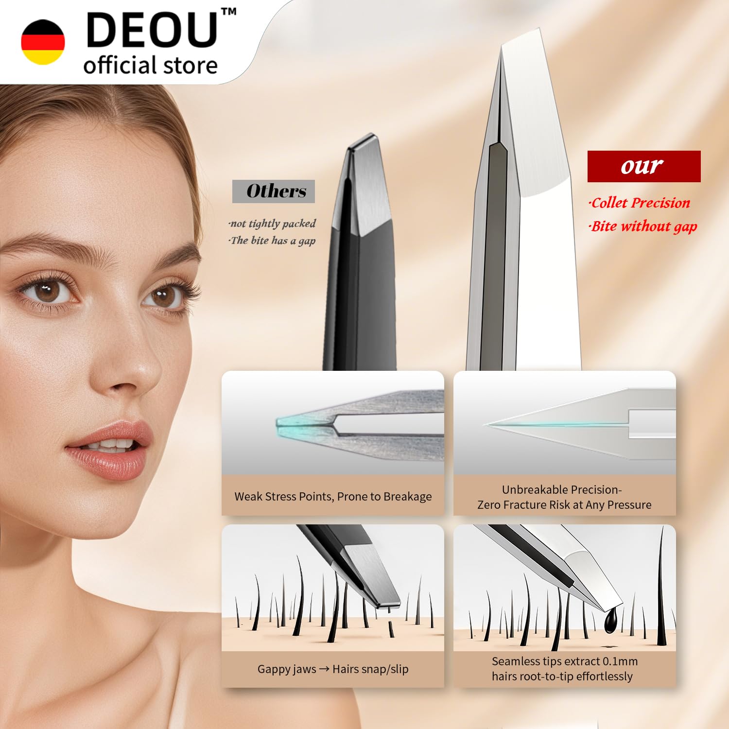 DEOU eyebrow plucker 9-hole design highlights fashion-forward grip for controlled tweezing.