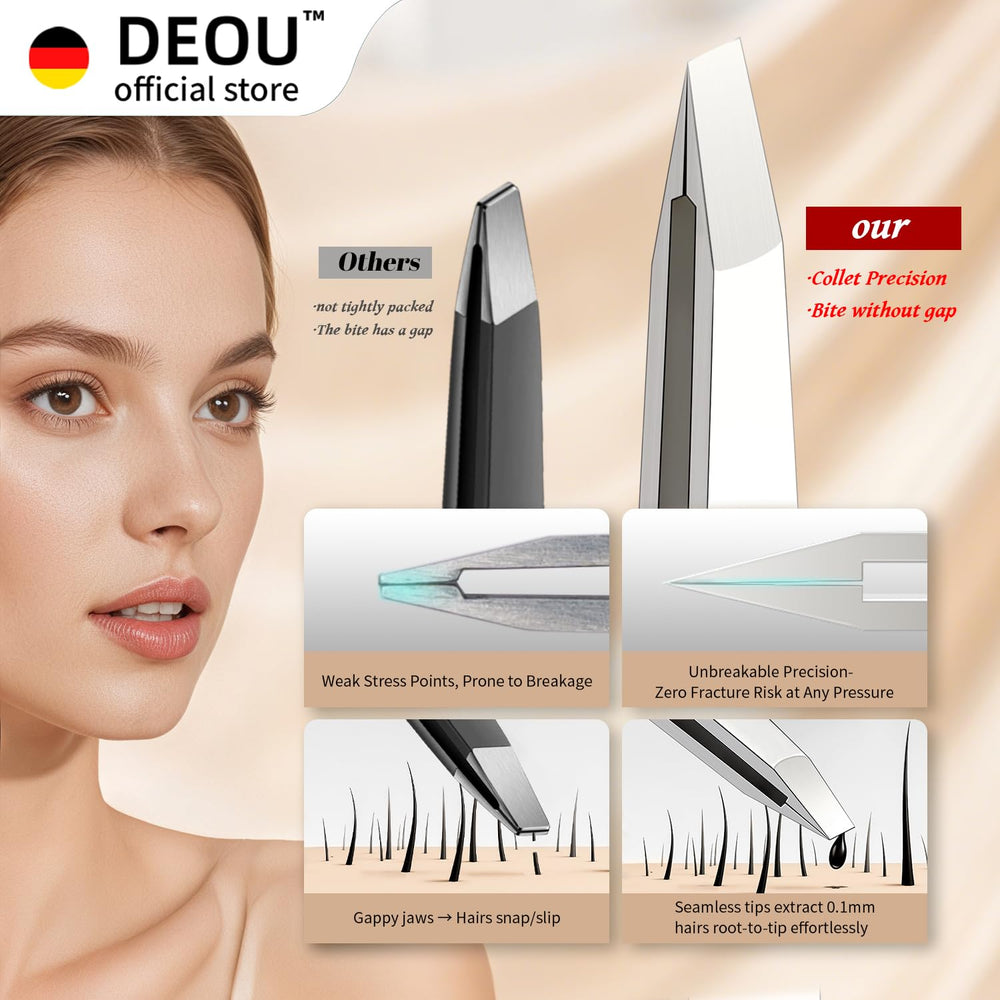 DEOU eyebrow plucker 9-hole design highlights fashion-forward grip for controlled tweezing.