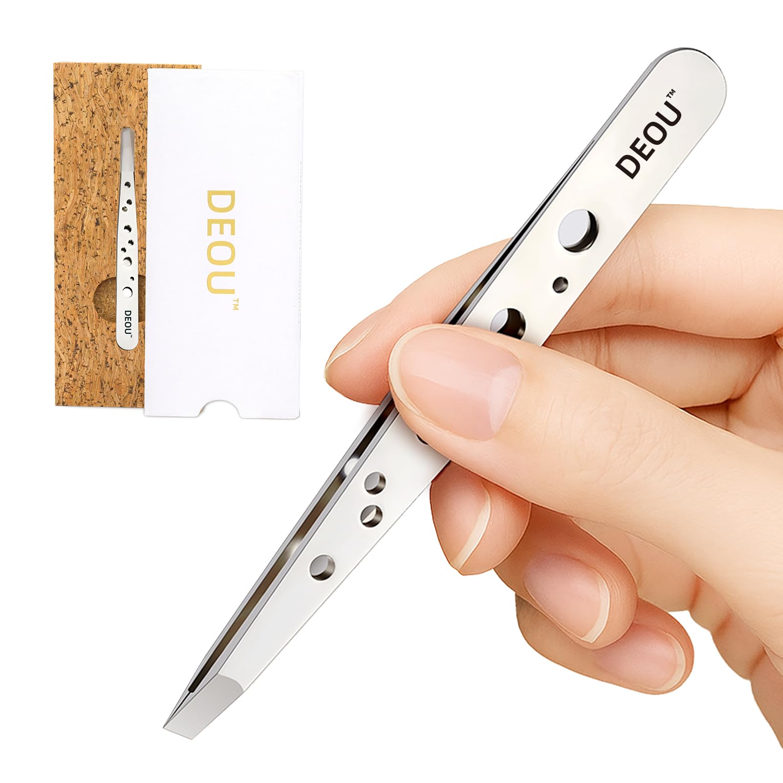 DEOU eyebrow plucker close-up tip for precise brow shaping and gentle pull.