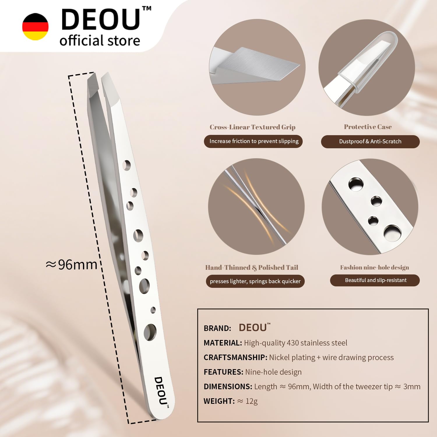 DEOU eyebrow plucker gift box packaging makes a ready gift for grooming enthusiasts.