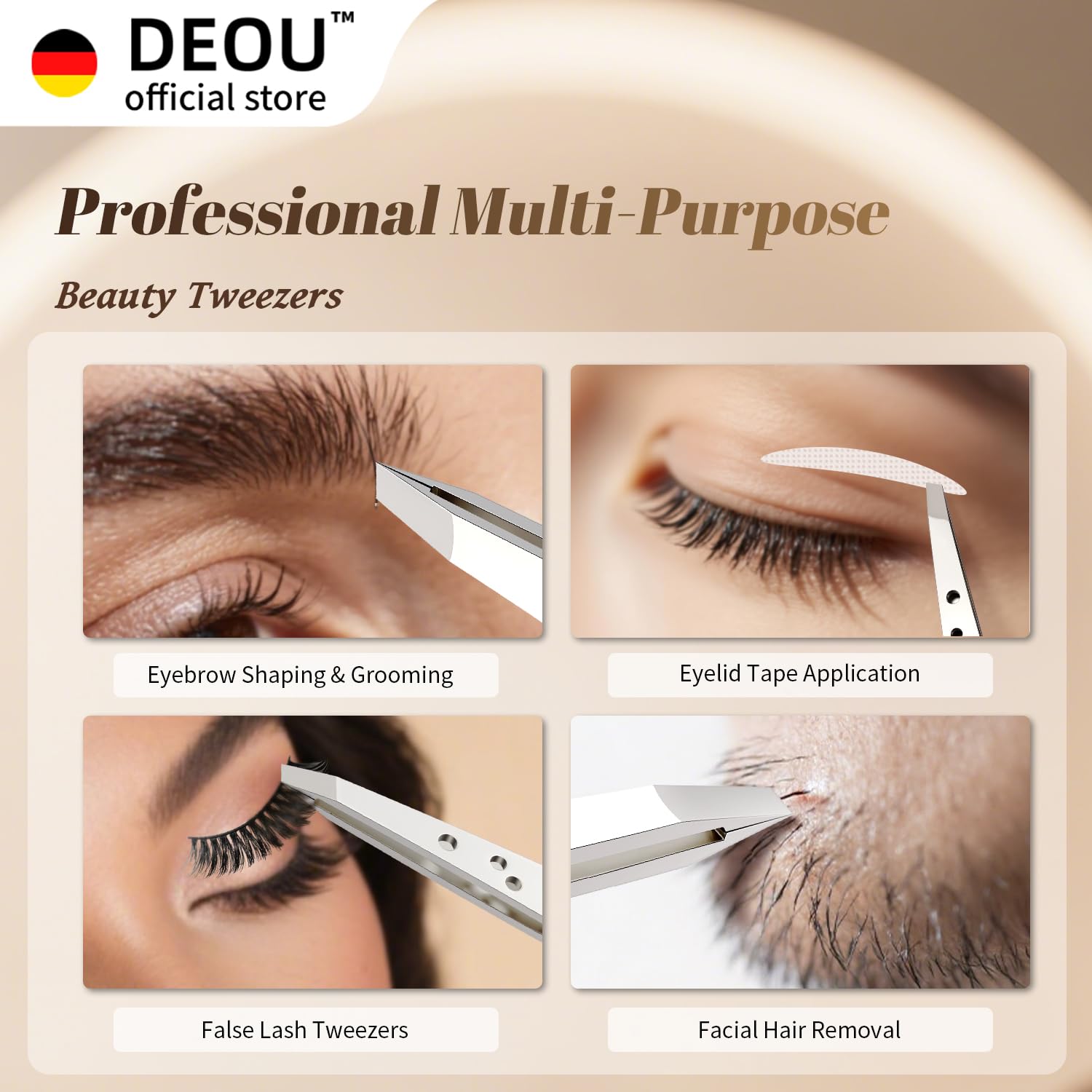 DEOU eyebrow plucker non-slip grip ensures steady handling during shaping sessions.