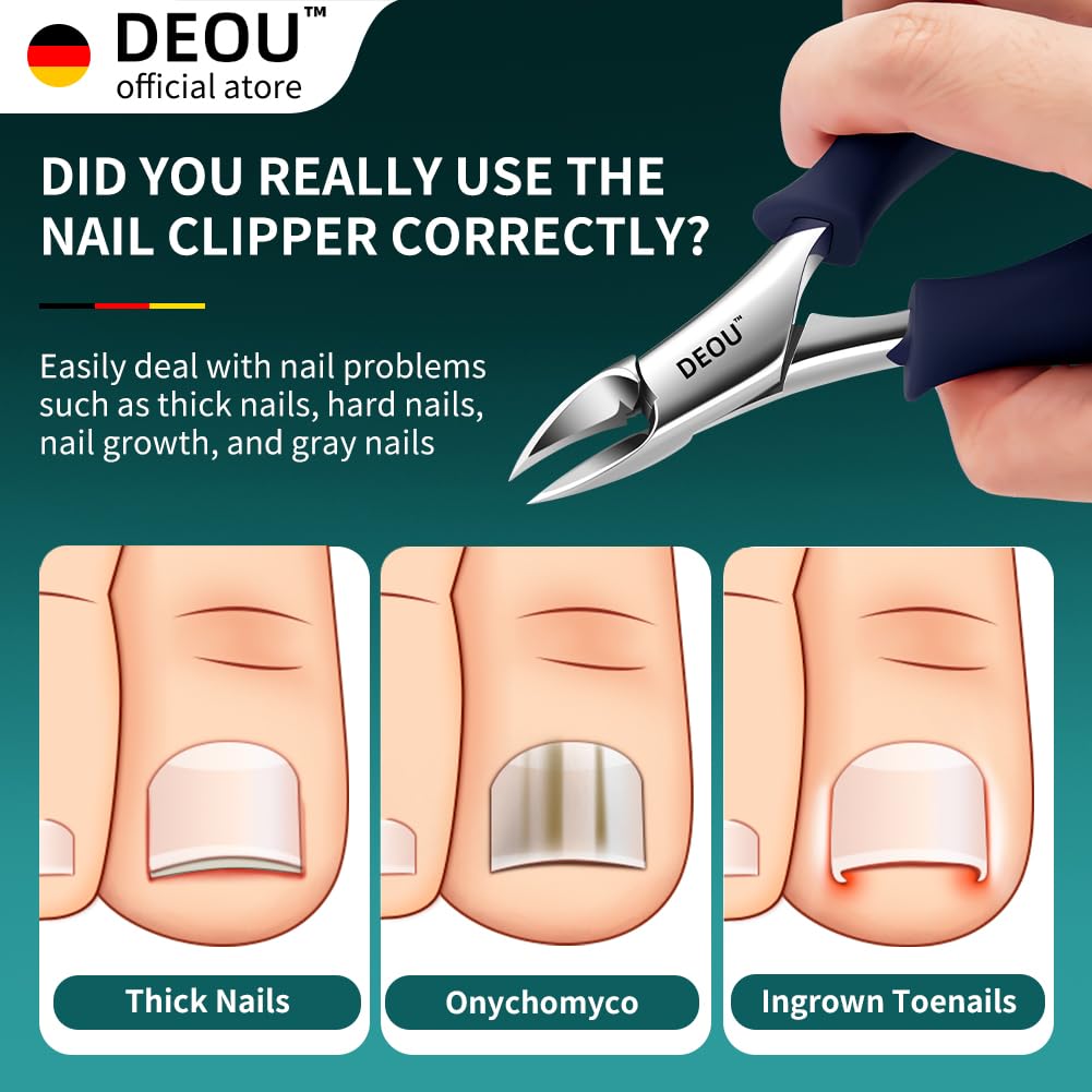 DEOU nail clippers ergonomic-handle demonstrates anti-slip grip for comfortable trimming