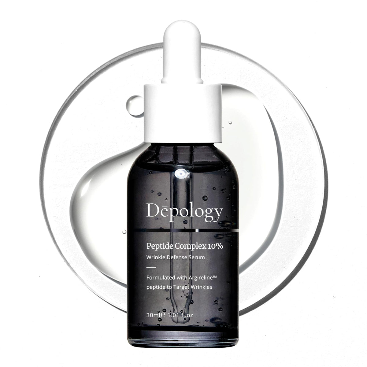 Depology Peptide Complex bottle shows hydration boost for smoother skin.